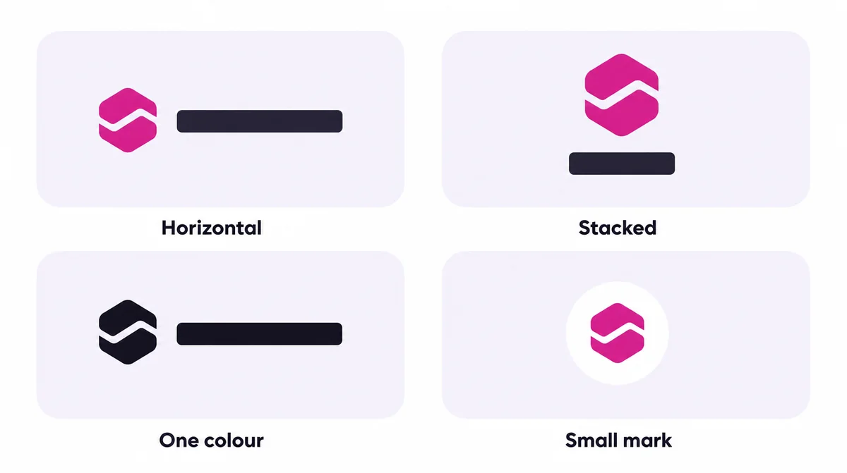 Four versions of one logo: horizontal, stacked, one colour and a small mark for profile pictures