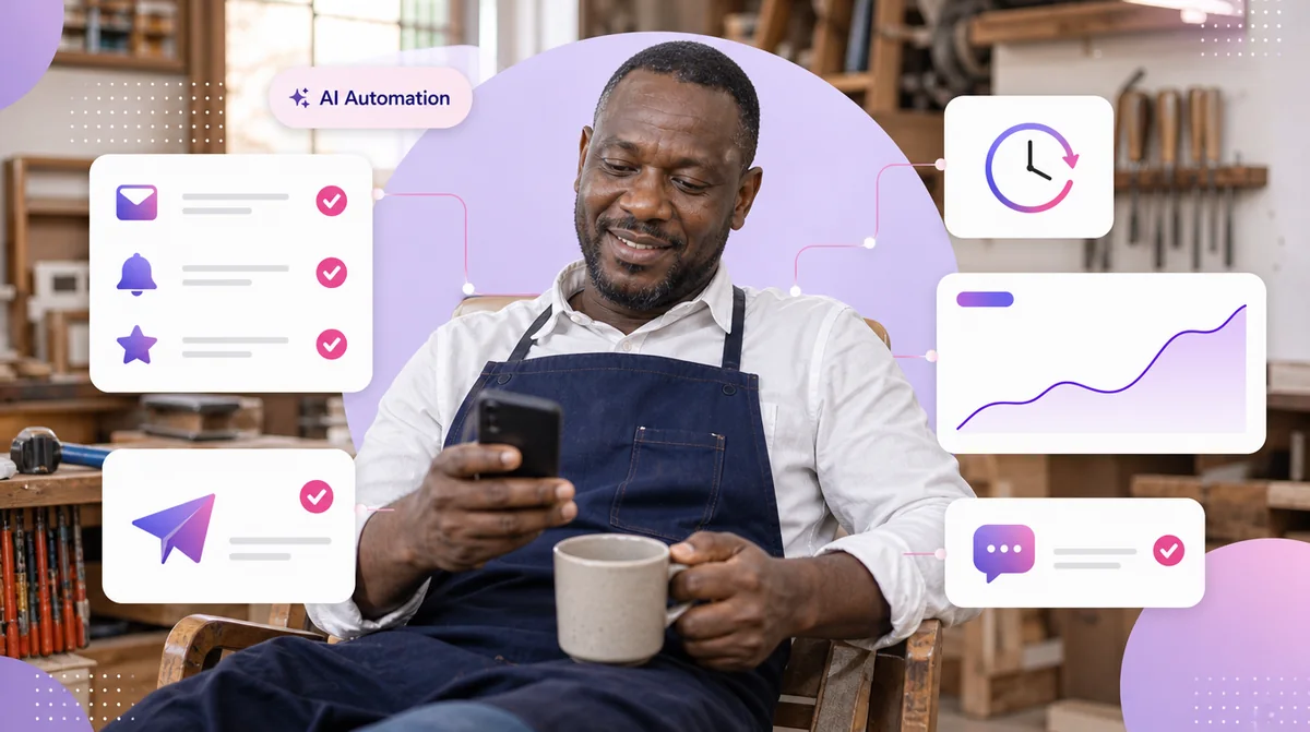 A carpentry workshop owner relaxing with a coffee while automated follow-ups, reminders, review requests and weekly reports run in the background