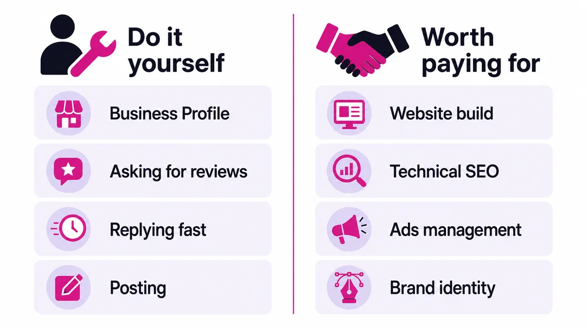 Two columns: do it yourself for business profile, asking for reviews, replying fast and posting; worth paying for website build, technical SEO, ads management and brand identity