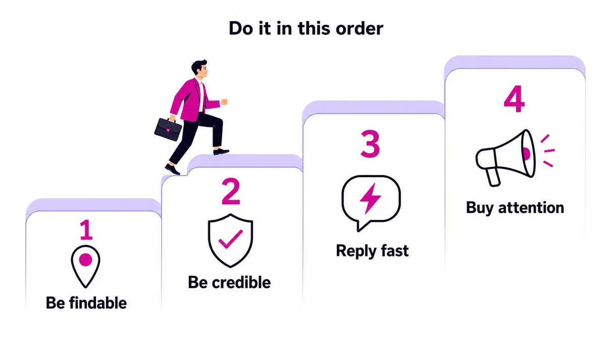Four steps climbing in order: be findable, be credible, reply fast, buy attention
