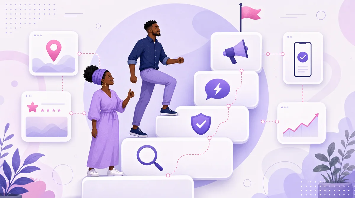 Illustration of two business owners climbing steps in order: be findable, be credible, reply fast, then buy attention