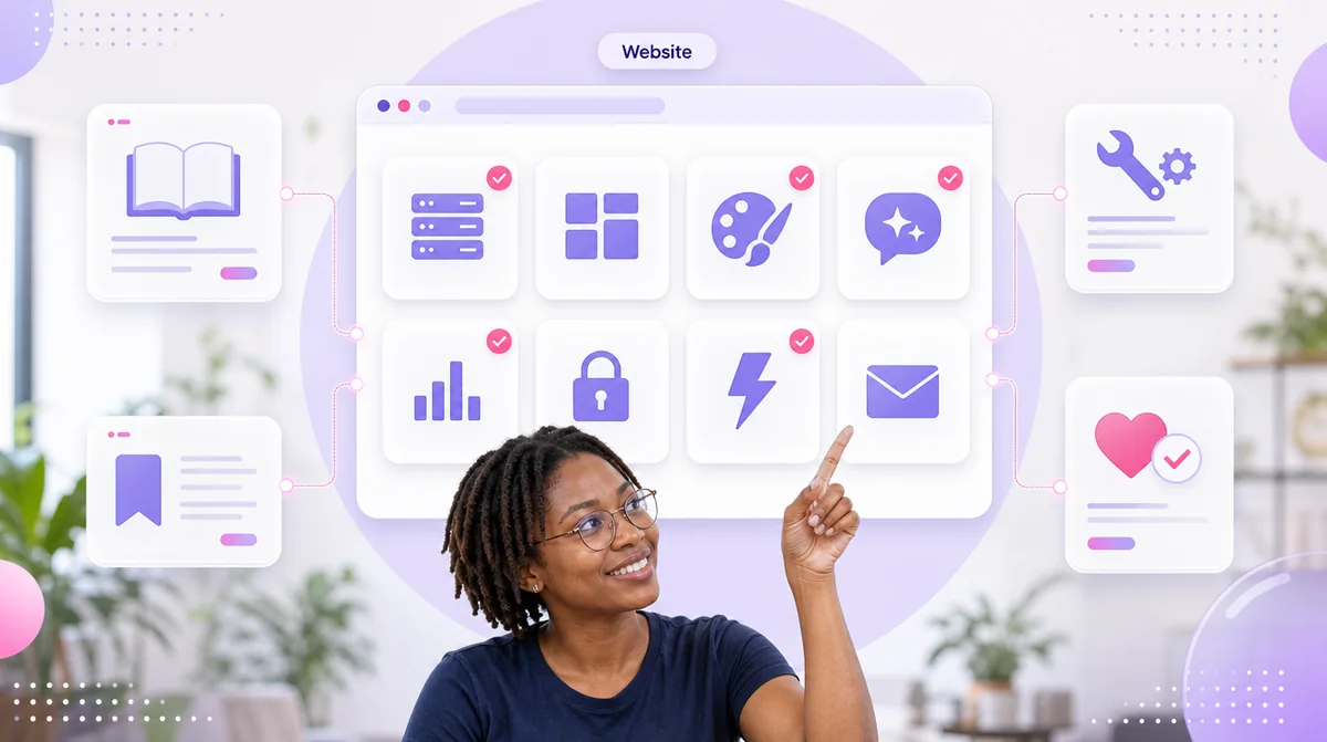 A web developer pointing to a toolkit of hosting, page builder, theme, AI assistant, analytics, security, speed and email tools