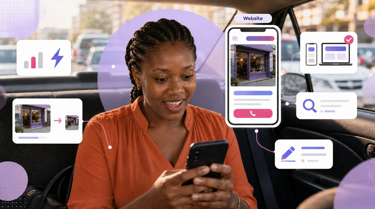 A woman in a shared taxi smiling as a mobile-first business website loads quickly on weak mobile data