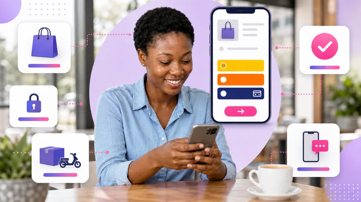 A woman in a caf&eacute; paying for an online order with mobile money on her phone