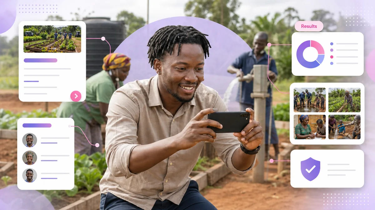 An NGO coordinator photographing a community garden project, with programme pages, named leadership, reports and recent photos around him