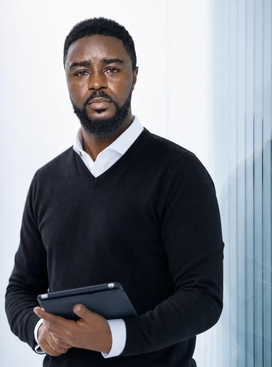 Portrait of Nyah Eliud, founder and chief strategist of Digital Krypton, holding a tablet
