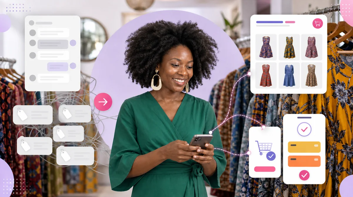 A fashion boutique owner moving from a crowded chat inbox to an online shop with a mobile money checkout
