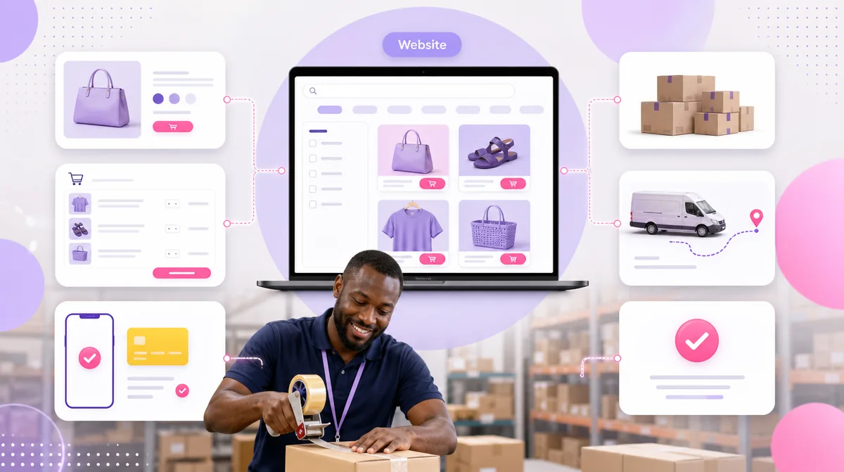 A store owner taping a parcel below an online shop linked to product pages, cart, mobile money payment, stock and delivery
