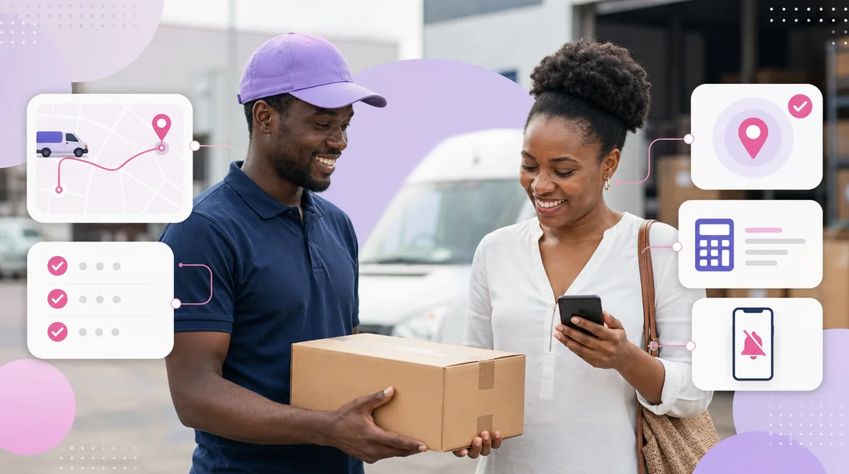 A courier handing over a parcel to a customer who can track it herself, with delivery status, coverage and quotes online