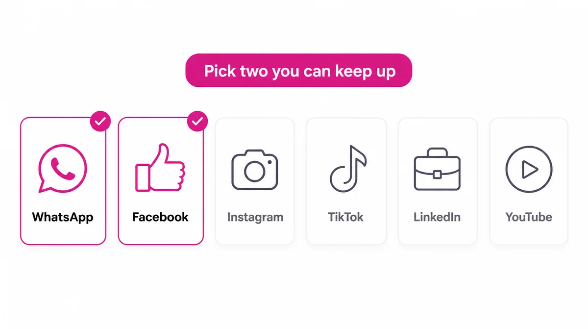Six platform cards, WhatsApp, Facebook, Instagram, TikTok, LinkedIn and YouTube, with two highlighted under the label pick two you can keep up