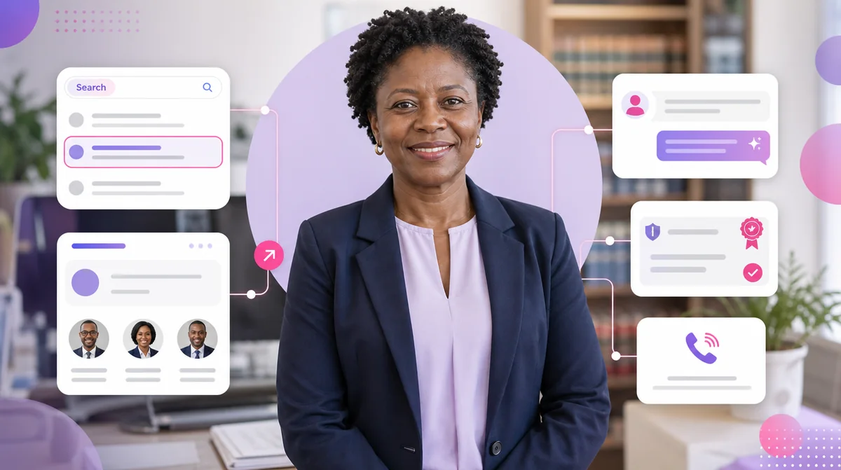 The managing partner of an advisory firm, with the search result, team profile, AI answer and credentials a client checks before calling