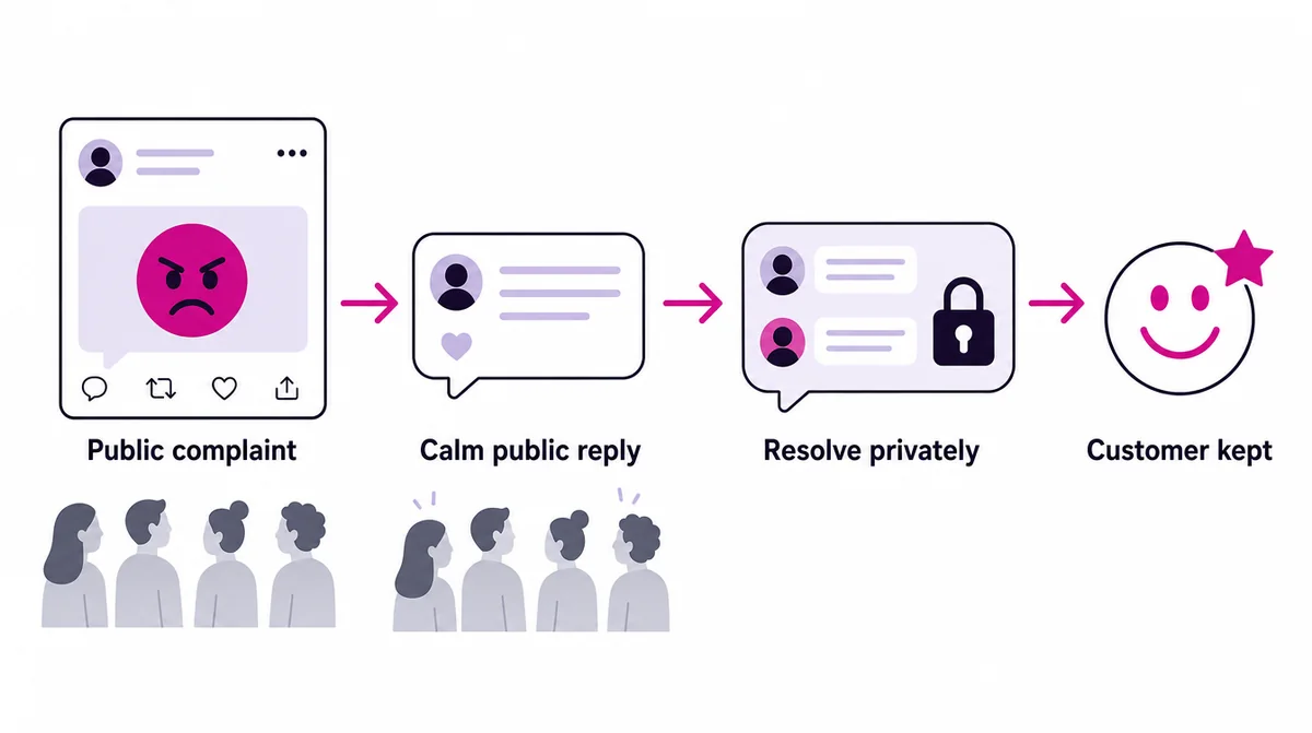 A path from a public complaint to a calm public reply, then resolving privately, ending with the customer kept