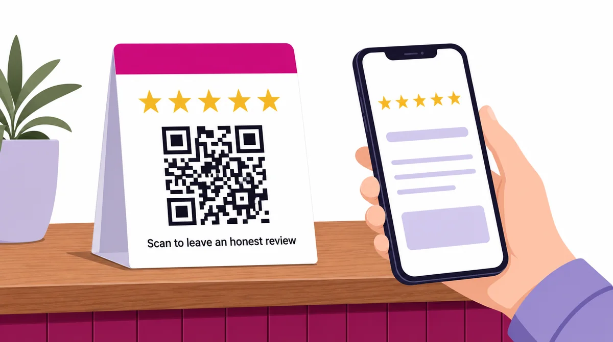 A small counter card with a QR code inviting customers to scan and leave a review