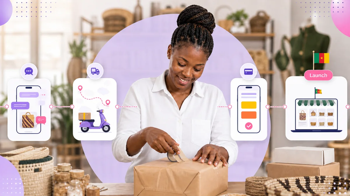 An entrepreneur sealing a parcel along a path from chat sales to delivery, payment and finally an online shop