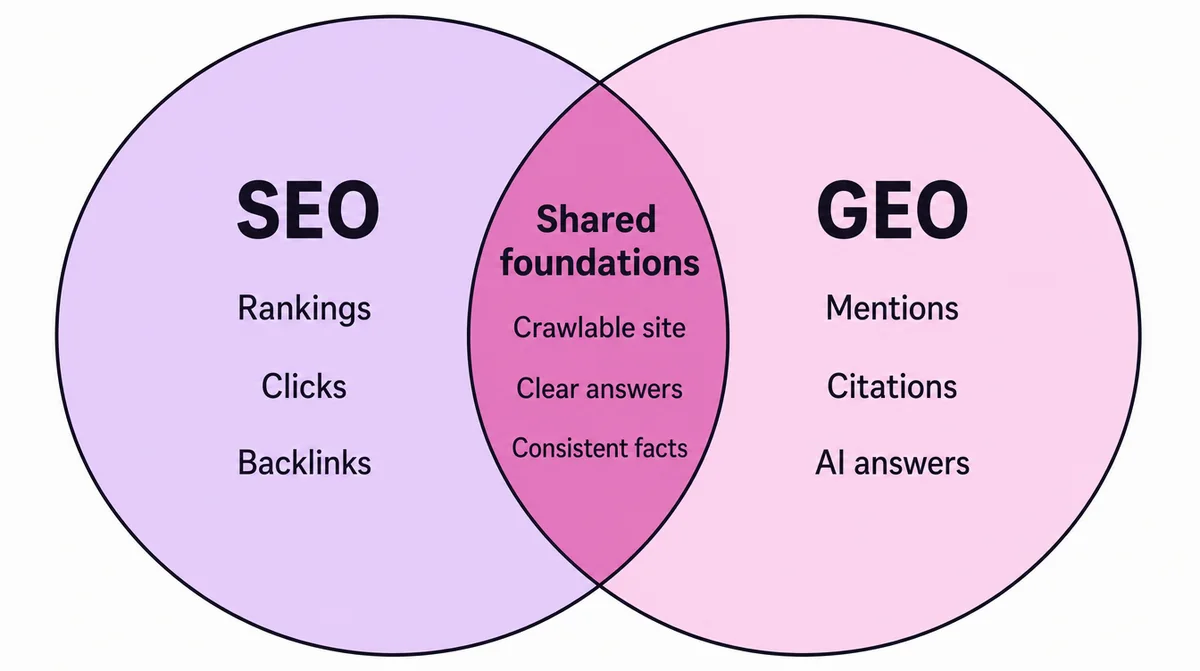 Venn diagram: SEO covers rankings, clicks and backlinks; GEO covers mentions, citations and AI answers; the overlap is a crawlable site, clear answers and consistent facts