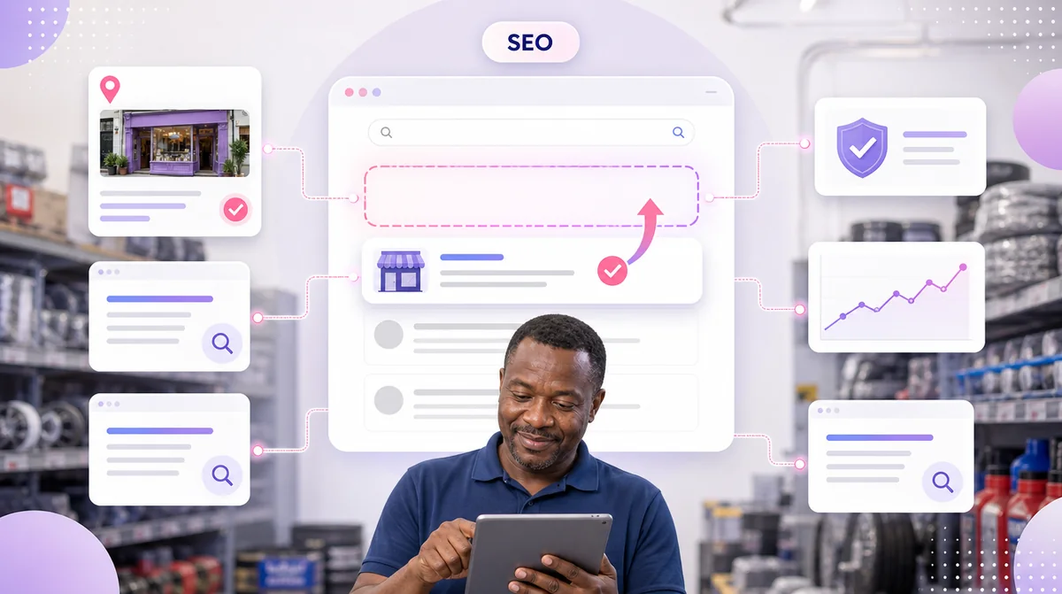 An auto-parts shop owner with a tablet as his business moves into the open top search position, backed by a complete profile and well-built pages