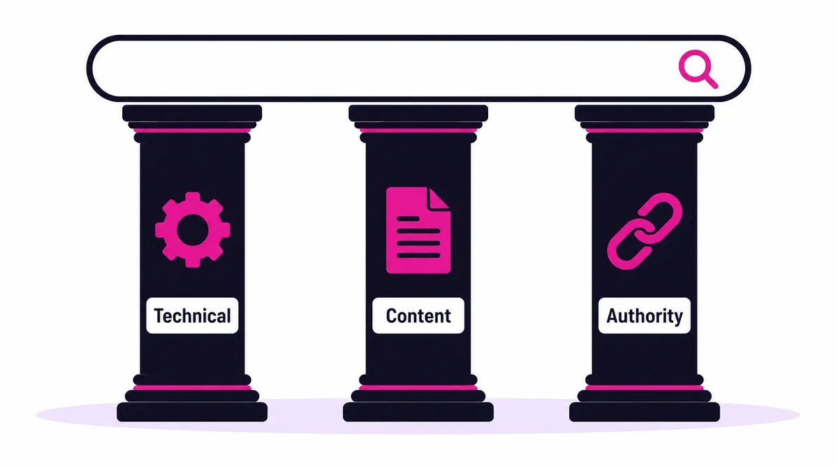 Three pillars labelled Technical, Content and Authority holding up a search bar