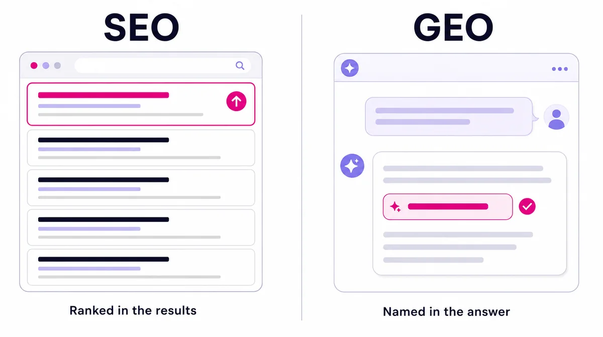 Side-by-side comparison: on the left a search results page with the top result highlighted, labelled SEO, ranked in the results; on the right an AI chat answer naming one business, labelled GEO, named in the answer
