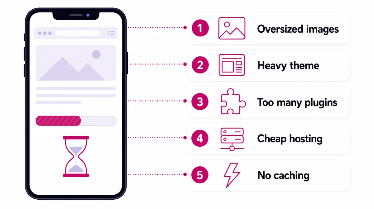 A phone with a slow loading bar beside five numbered causes: oversized images, heavy theme, too many plugins, cheap hosting, no caching