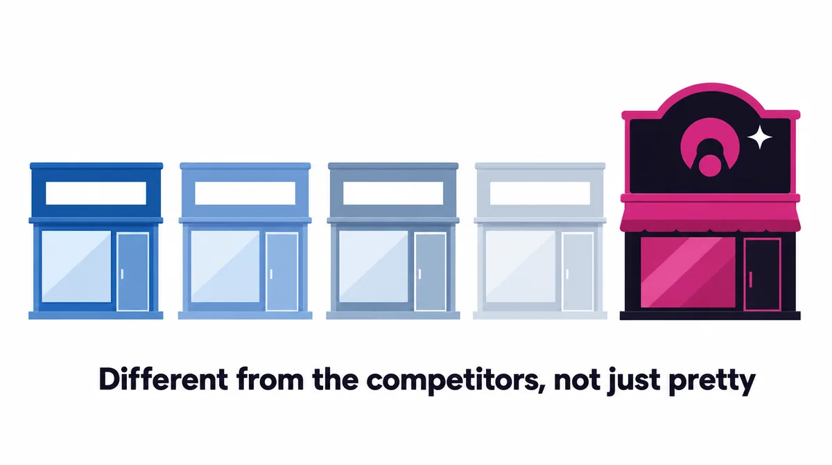 Five shopfront signs: four similar blue ones and one distinctive magenta one that stands out