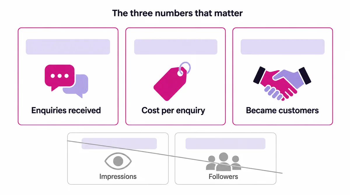 Three cards: enquiries received, cost per enquiry and became customers, with impressions and followers crossed out below