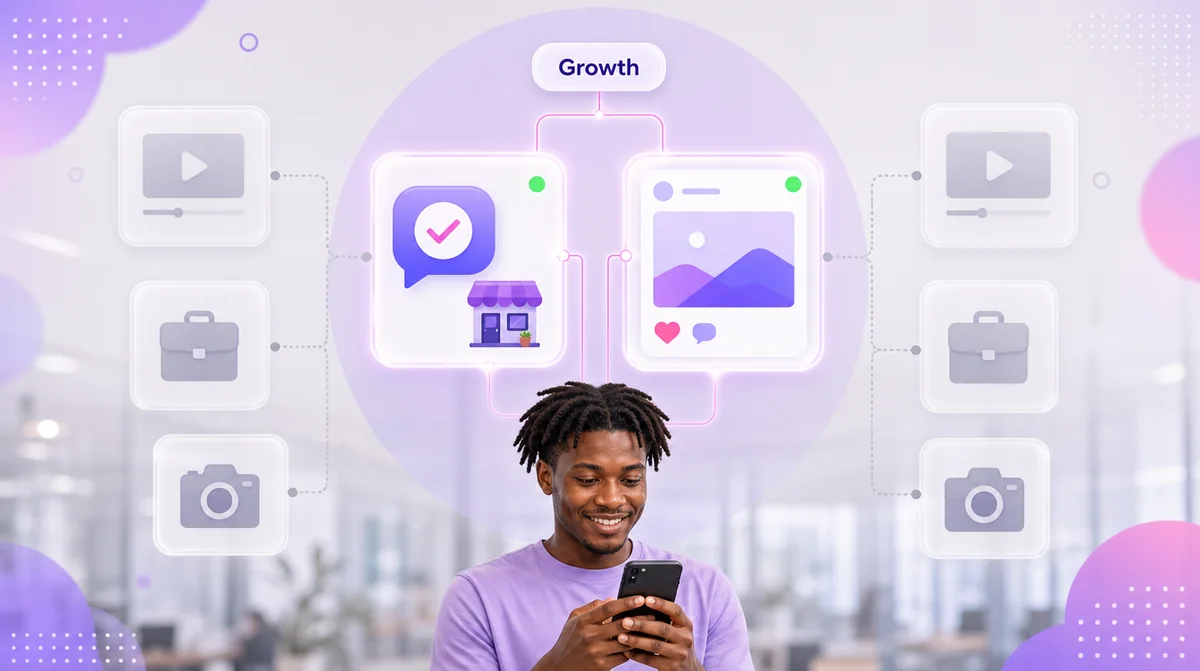 A community manager replying on his phone below two active social channels, with three neglected ones faded out