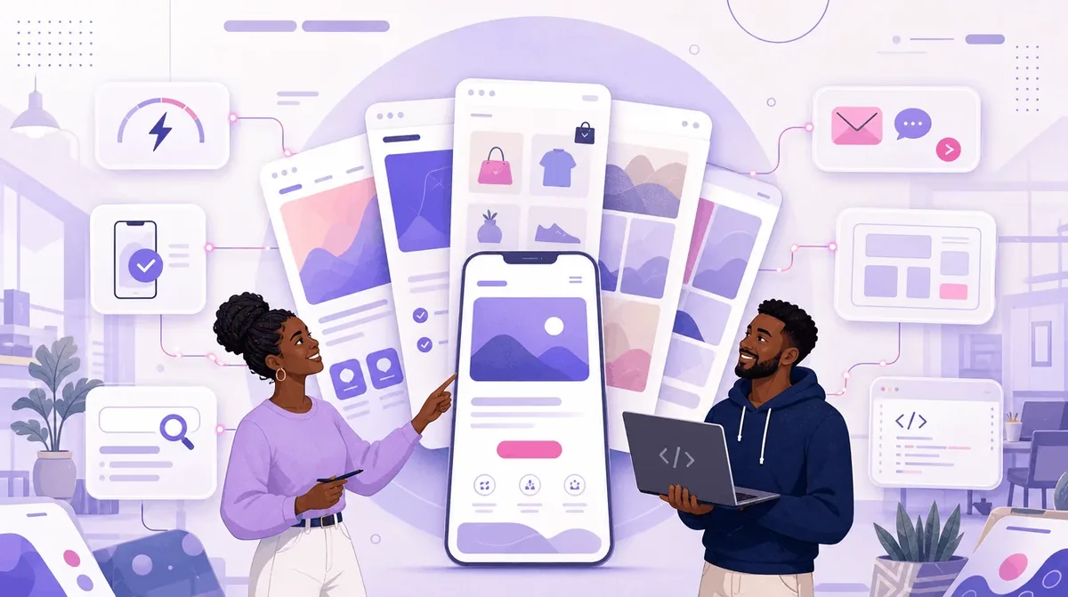 A designer and a developer reviewing a mobile site and several page layouts, surrounded by icons for page speed, mobile testing, search, contact and code