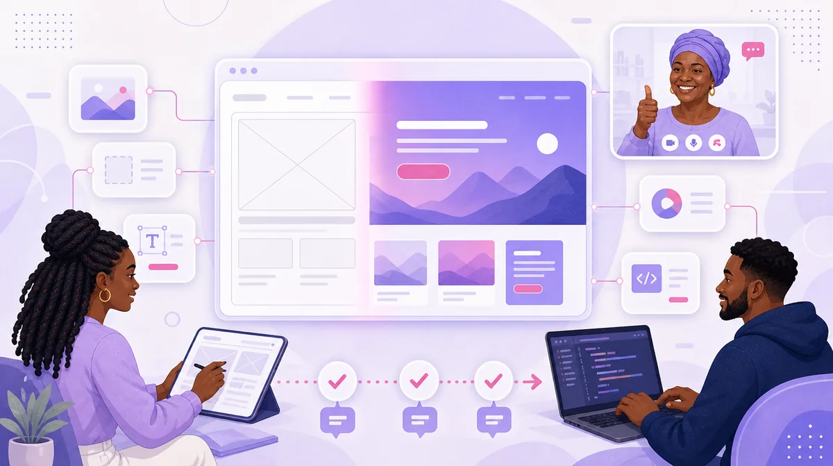 Illustration of a designer and a developer turning a wireframe into a finished page, with client review checkpoints along the way