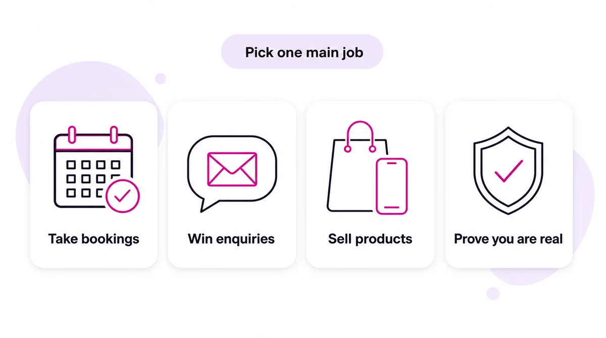 Four cards showing the jobs a website can do: take bookings, win enquiries, sell products, prove you are real, under the label pick one main job