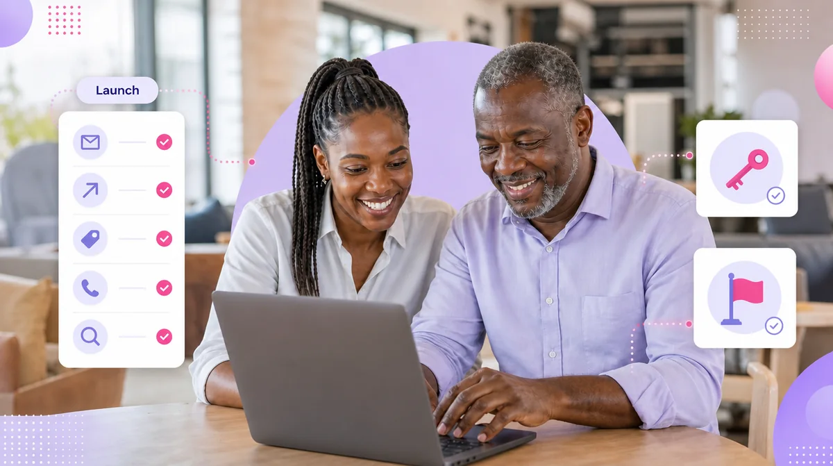A consultant showing a showroom owner how to update his new website, beside a checked launch list and handed-over logins