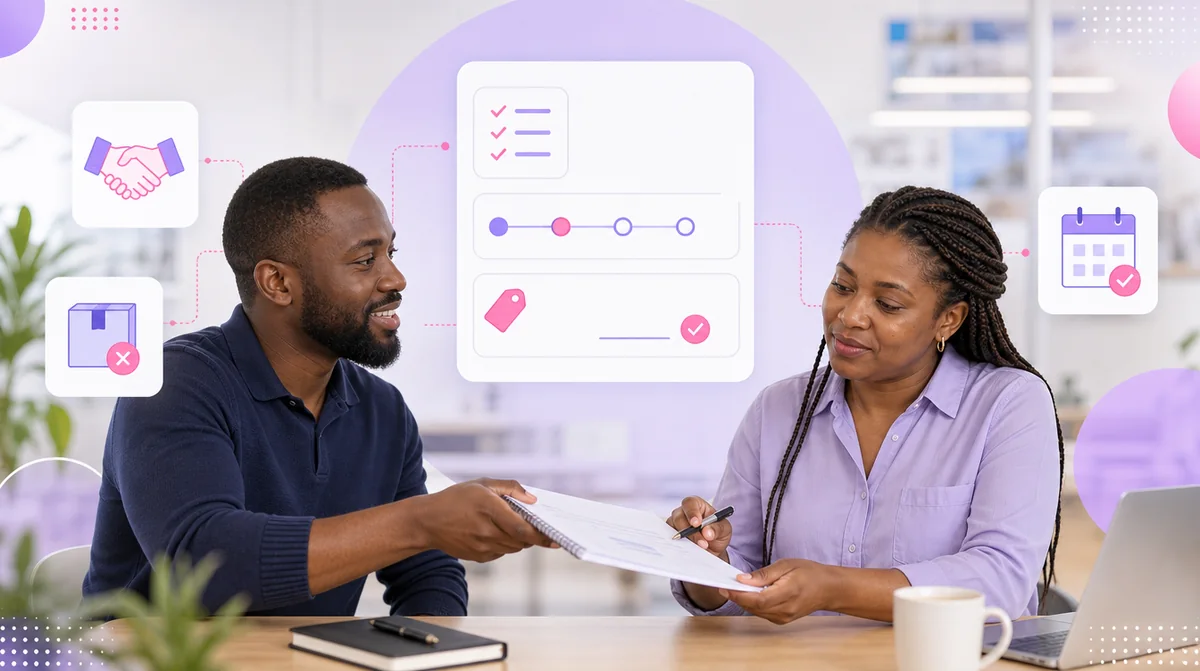 A consultant handing a client a written proposal covering scope, timeline and cost, ready for her sign-off