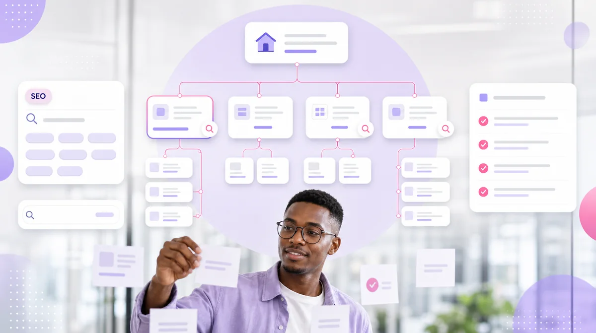 A content strategist planning a website sitemap with keyword research and page outlines before design