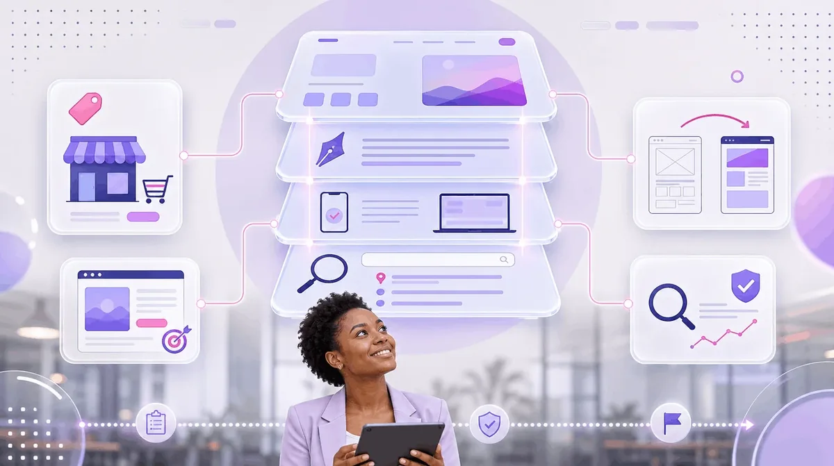 A business owner with a tablet looking up at the layers of a website, from page layout and copy to mobile and search, linked to an online shop, a landing page and a search ranking chart