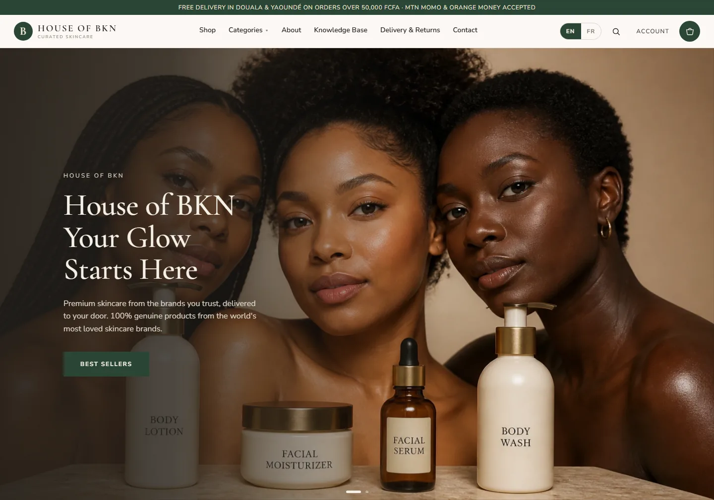 House of BKN skincare store homepage with its product range and local delivery banner