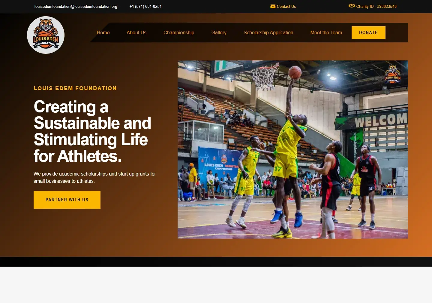 Louis Edem Foundation homepage showing its athlete scholarship mission and partner call to action