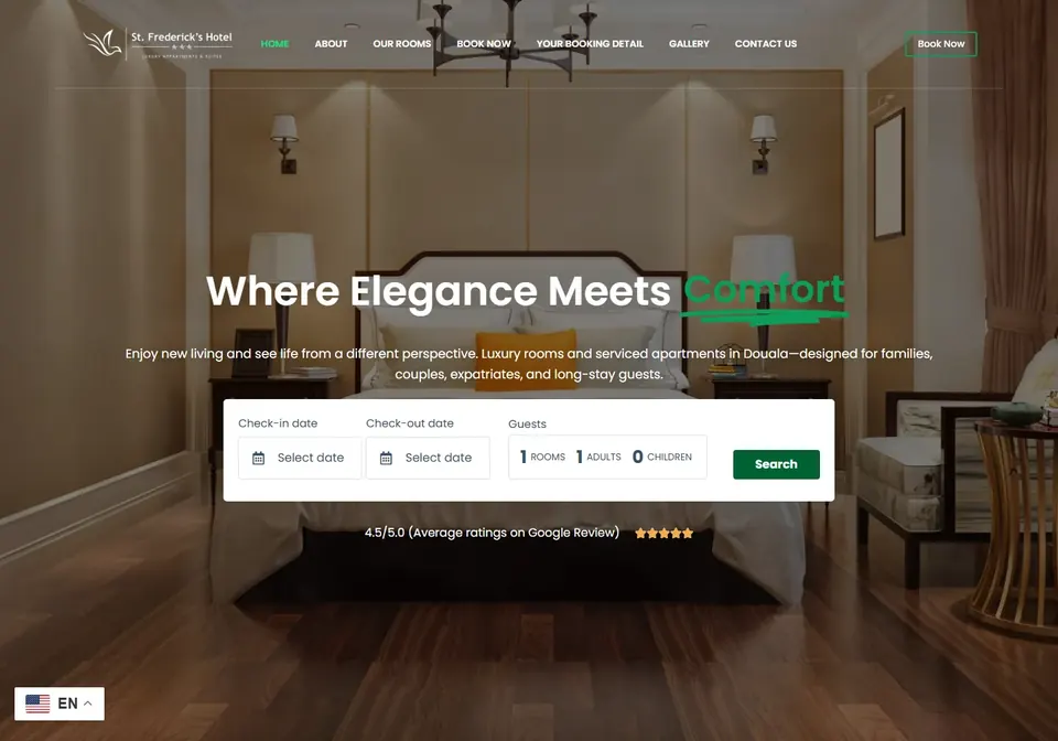 St. Frederick's Hotel homepage with the check-in, check-out and guest booking search